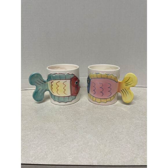 Ceramic Seaside Fish Coffee Mugs  - Set Of Pier 1 One Imports His And Hers - Picture 1 of 9